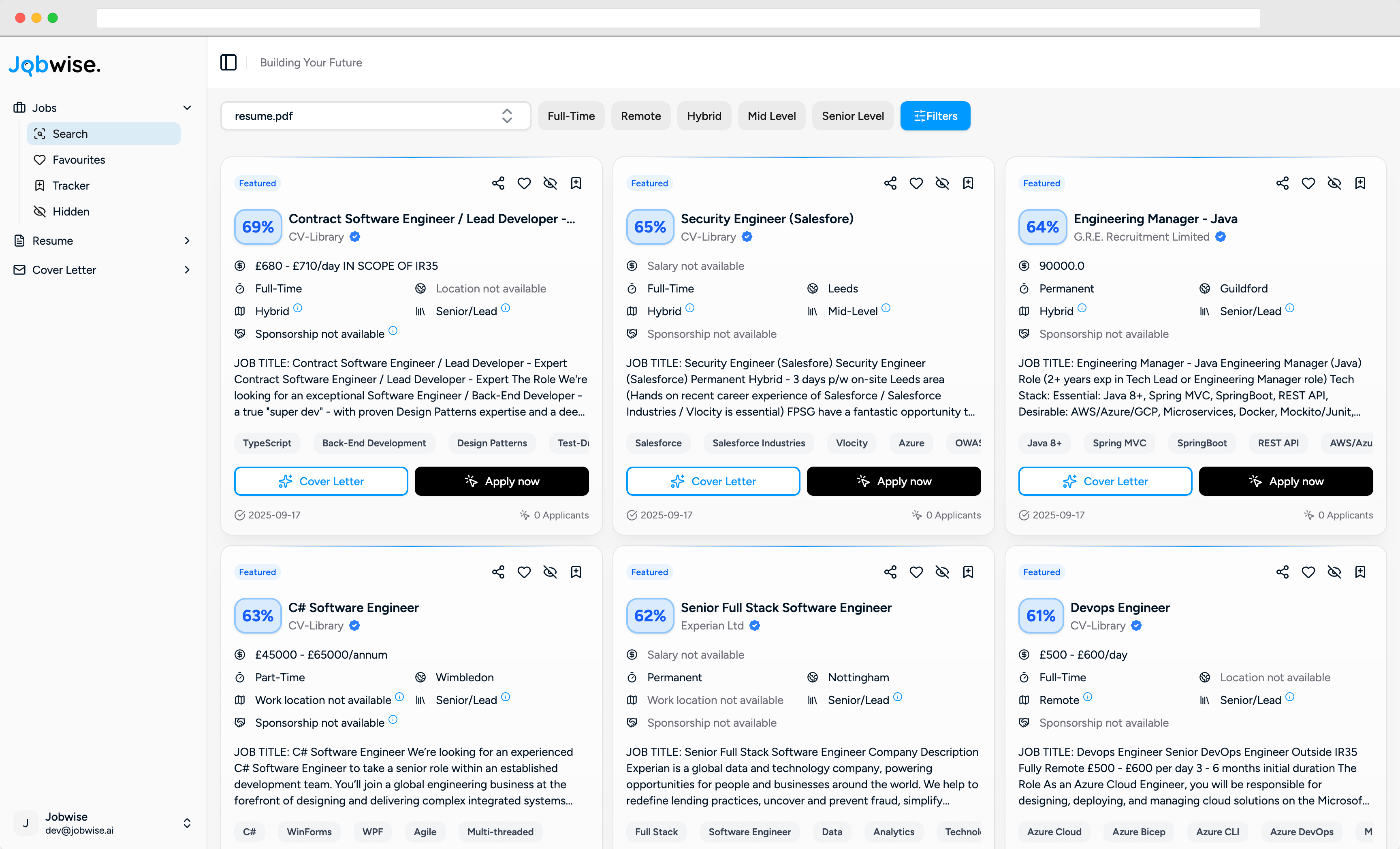 Jobwise job matches with AI match scores